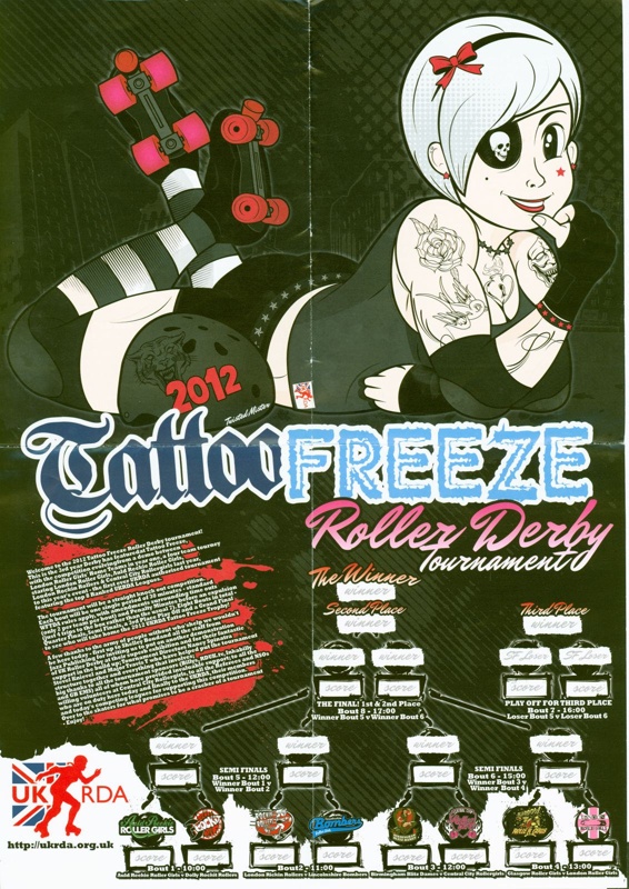 Foldout poster with fixture list for Tattoo Freeze Roller Derby Tournament