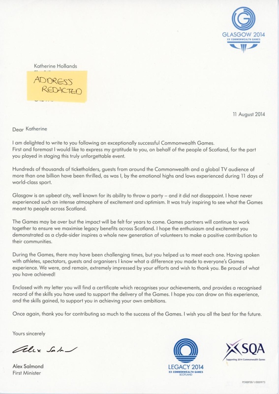 Letter from Alex Salmond; Glasgow 2014; GWL-2015-58-12