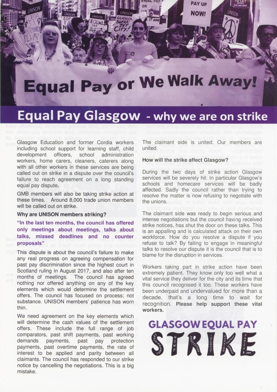 Handout (front): Glasgow Equal Pay Strike; UNISON; 2018; GWL-2019-69-21
