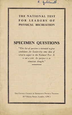 Booklet cover: Specimen Questions; Central Council of Recreative Physical Training; 1943; GWL-2024-16-3