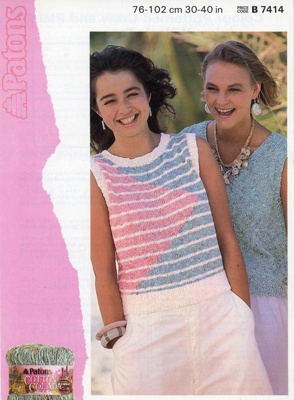 Knitting pattern: Patterned Crew and Plain V-Neck Tops; Patons Booklet 7414; 1984; GWL-2015-94-35