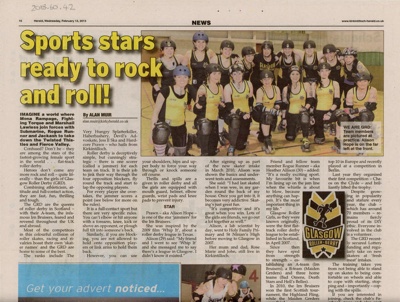 News article part 1: Sports Stars Ready to Rock and Roll; Glasgow Roller Derby / Kirkintilloch Herald; 2013; GWL-2018-60-42