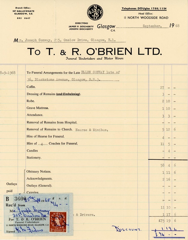 Document: Funeral Arrangements; T. & R. O'Brien Ltd; 1968; GWL-2017-107-5