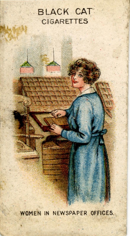 Cigarette card (front): Women on War Work Series No. 17: Newspaper Offices; Carreras Ltd; 1916; GWL-2015-120-9