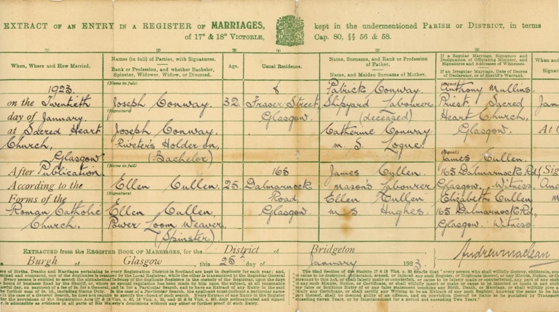 Marriage Certificate: Ellen Cullen; 1923; GWL-2017-107-2