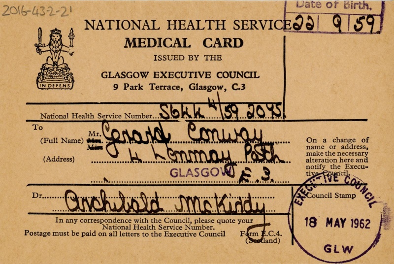 NHS Medical Card: Gerald Conway; Glasgow Executive Council; 1962; GWL-2016-43-2-21