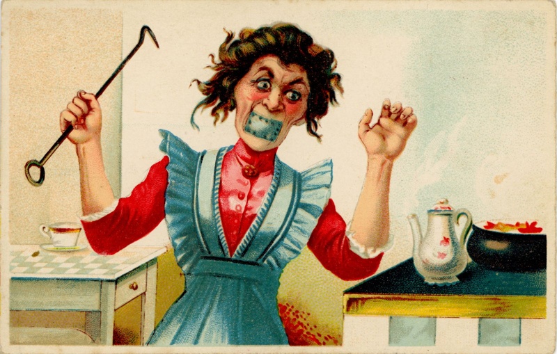 Postcard: Woman with taped mouth; Hermann Wolff; GWL-2022-26-65