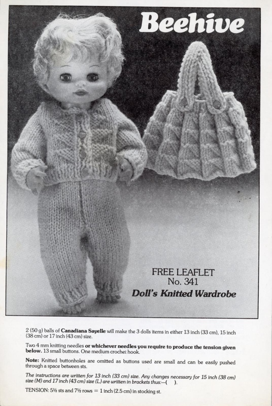 Knitting pattern: Doll's Knitted Wardrobe (front); Patons & Baldwins Canada Inc.; GWL-2016-159-81