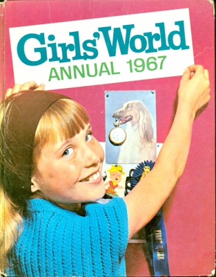 Front cover of Girls' World Annual 1967, featuring a young girl pinning pictures on a wall