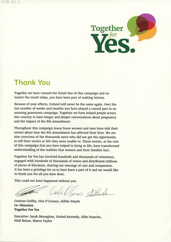 Letter: Thank You; Together for Yes; May 2018; GWL-2018-42-3