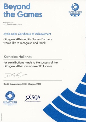 clyde-sider Certificate of Achievement; Glasgow 2014; GWL-2015-58-13