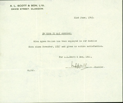 Letter of recommendation for Agnes Mullen, Glasgow