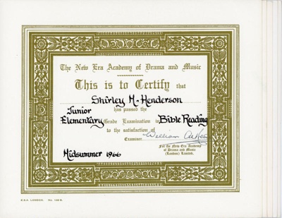 Certificates: Bible Reading; New Era Academy of Drama & Music; 1966-70; GWL-2021-5-7