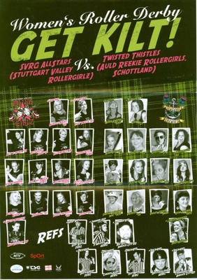 Foldout poster for 'Get Kilt!' roller derby featuring SVRG Allstars vs ARRG Twisted Thistles