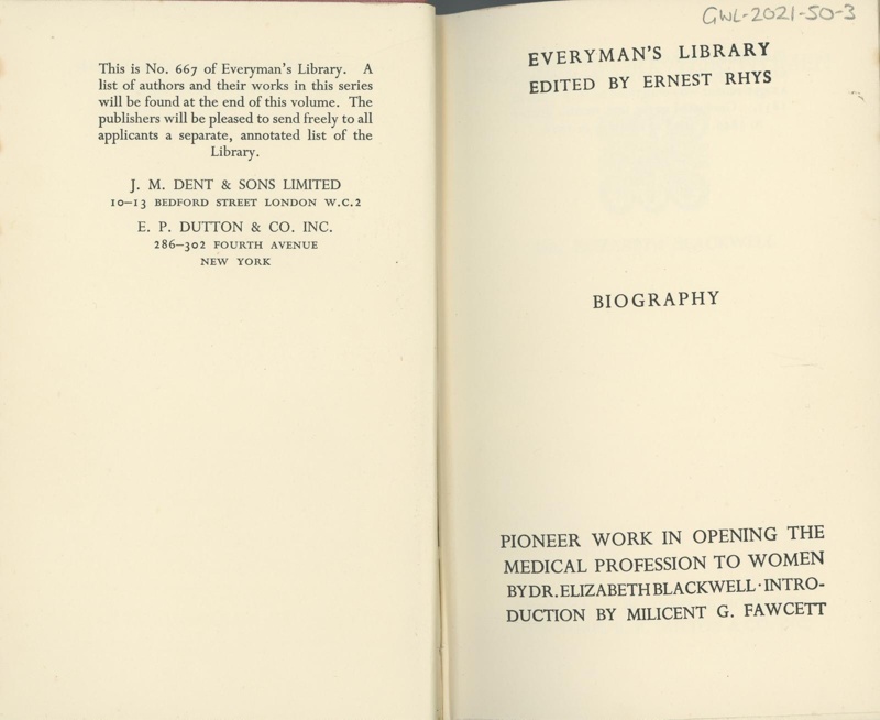 Front page: Pioneer Work for Women; Blackwell, Elizabeth (Dr); 1914; GWL-2021-50-3