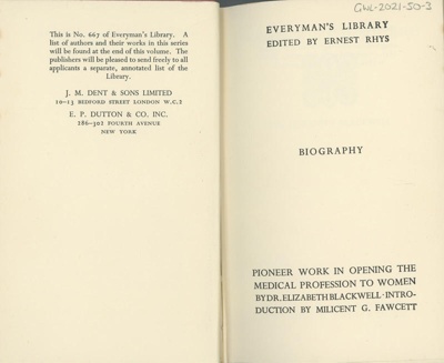 Front page: Pioneer Work for Women; Blackwell, Elizabeth (Dr); 1914; GWL-2021-50-3