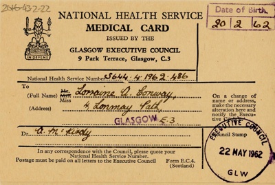 NHS Medical Card: Lorraine Conway; Glasgow Executive Council; 1962; GWL-2016-43-2-22