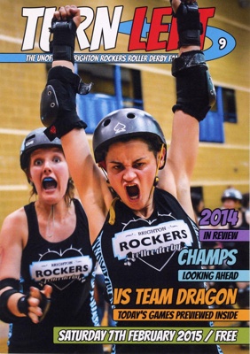 Zine cover: Turn Left #9; Brighton Rockers Roller Derby; Feb 2015; GWL-2015-29-5