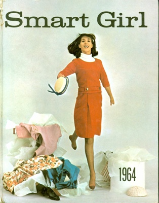 Front cover of Smart Girl 1964 annual, featuring a young woman in a red dress surrounded by an array of clothes and accessories