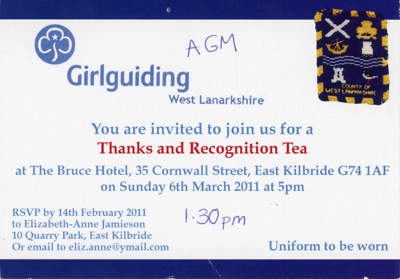 Invite: Thanks and Recognition Tea; Girlguiding West Lanarkshire; 2011; GWL-2018-69-15