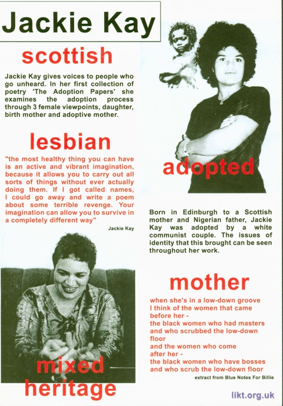 Jackie Kay flyer by LIKT with the highlighted words "Scottish", "lesbian", "adopted", "mixed heritage" and "mother". 