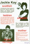 Jackie Kay flyer by LIKT with the highlighted words "Scottish", "lesbian", "adopted", "mixed heritage" and "mother". 