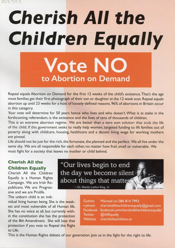 Leaflet: Vote NO to Abortion on Demand; Cherish all the Children Equally; c.2018; GWL-2018-59-5