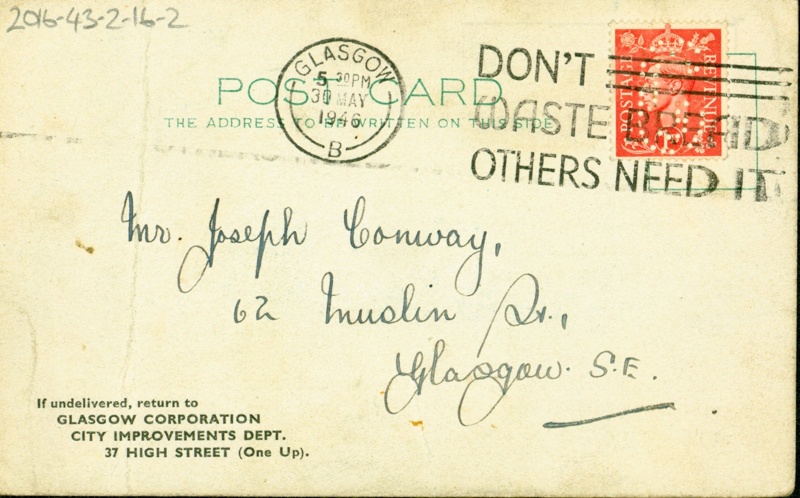Receipt for a Glasgow Corporation housing application addressed to Mrs Joseph Conway, 1946