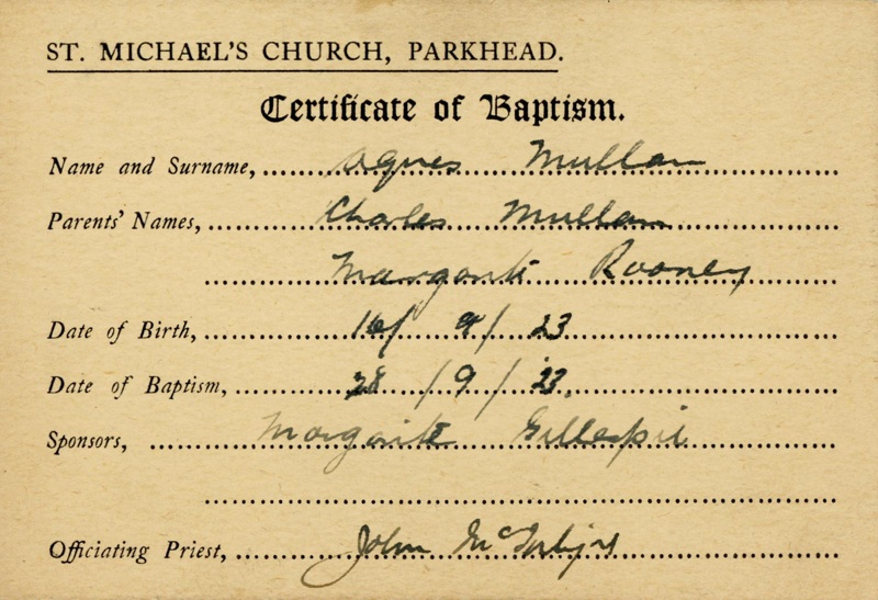 Certificate of Baptism: Agnes Mullan; 1923; GWL-2017-106-3