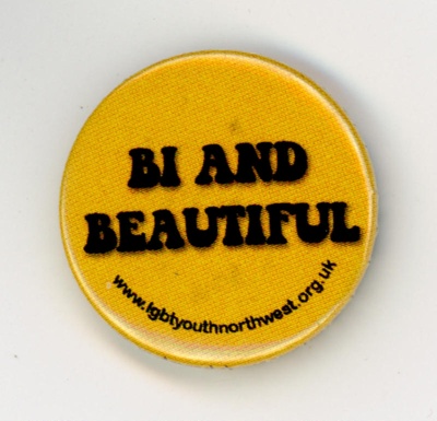 Badge: Bi and Beautiful; LGBT Youth North West; GWL-2015-114-25-1