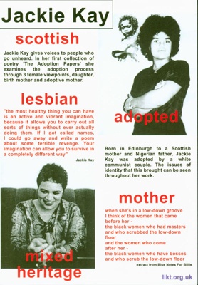 Jackie Kay flyer with the highlighted words "Scottish", "lesbian", "adopted", "mixed heritage" and "mother".