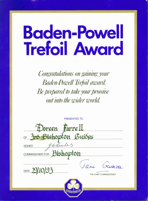 Baden-Powell Trefoil Award certificate (1993)