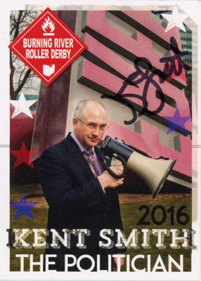 Business card front: Kent Smith ~ The Politician; Burning River Roller Derby; 2016; GWL-2025-118-52-1