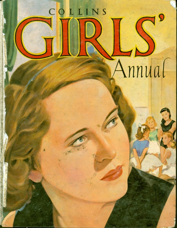 Front cover of the Collins Girls' Annual 1961, featuring the face of a young woman turned back towards a small group of girls.