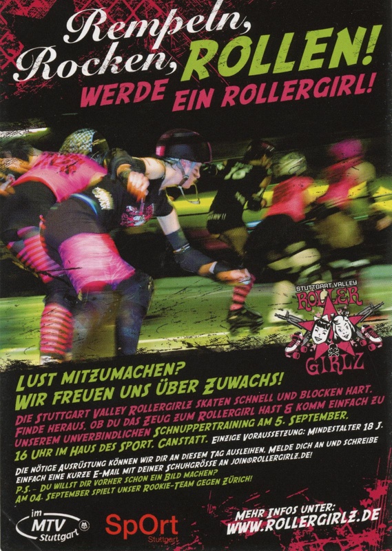 Flyer (front): Rempeln, Rocken, Rollen! Werde ein Rollergirl!; Stuttgart Valley Roller Derby; c.2010s; GWL-2020-35-23