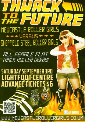 Programme cover for 'Thwack to the Future' presented by Newcastle Roller Girls