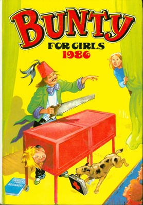 Front cover of Bunty for Girls 1986, featuring an image of Bunty about to be sawn in half by a magician.