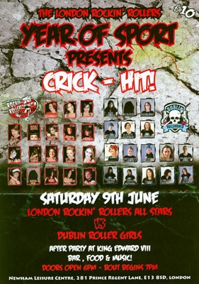 Roller Derby poster advertising "Year of Sport presents Crick-Hit!", June2012