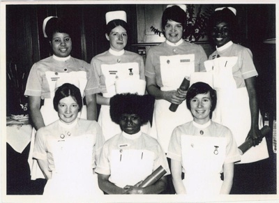 Photo of seven nurses, Prize-giving; Glasgow Royal Maternity Hospital; 1972; GWL-2022-149-1