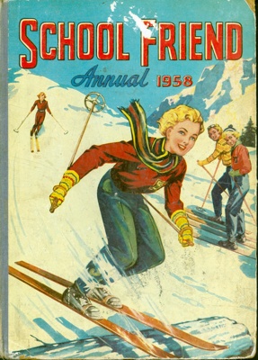 Front cover of School Friend Annual 1958, featuring a young woman skiiing.