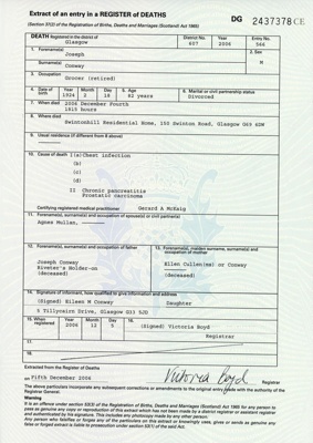 Death Certificate: Joseph Conway; 2006; GWL-2017-107-7