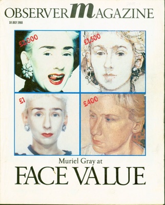 Front cover of Observer Magazine dated 10th July 1988, featuring four images of Muriel Gray