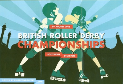 Poster for the British Roller Derby Championships 2015 featuring a stylised illustration of two players.