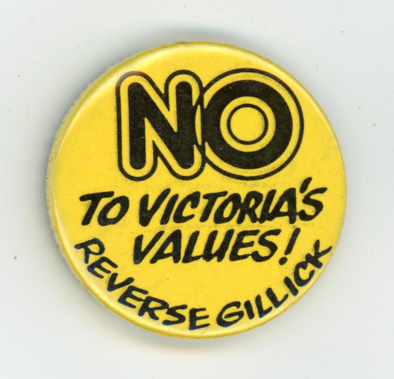 Badge: NO to Victoria's Values; National Abortion Campaign; c.1985; GWL-2022-80-12