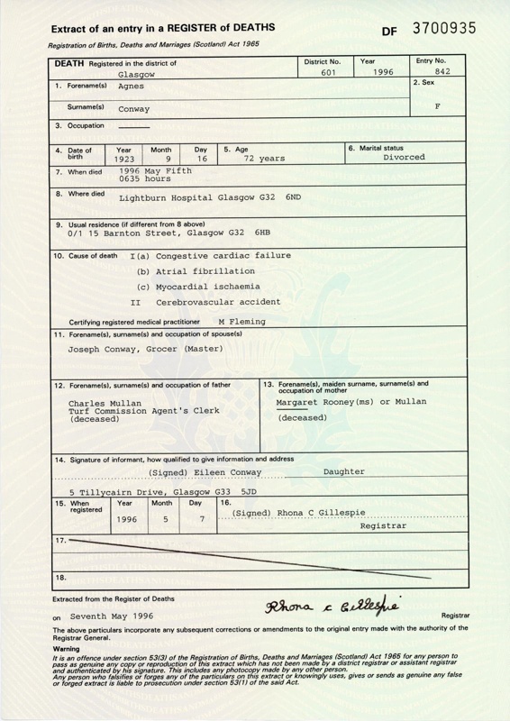 Death Certificate: Agnes Conway; 1996; GWL-2017-107-6