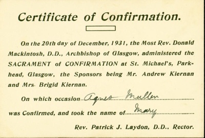 Certificate of confirmation belonging to Agnes Mullen, Glasgow