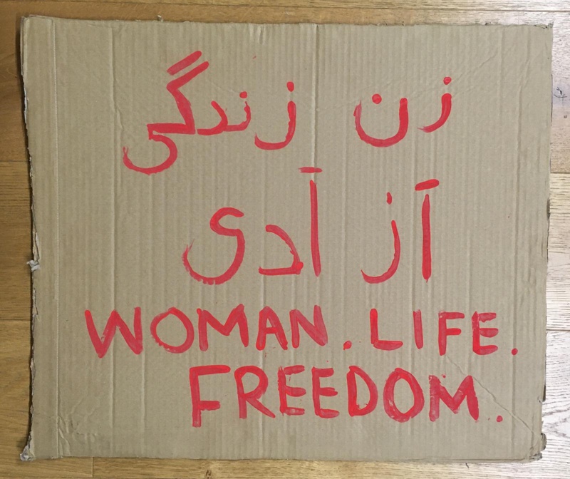 Placard: Woman ~ Life ~ Freedom; Strath Union; 2022; GWL-2023-58-9