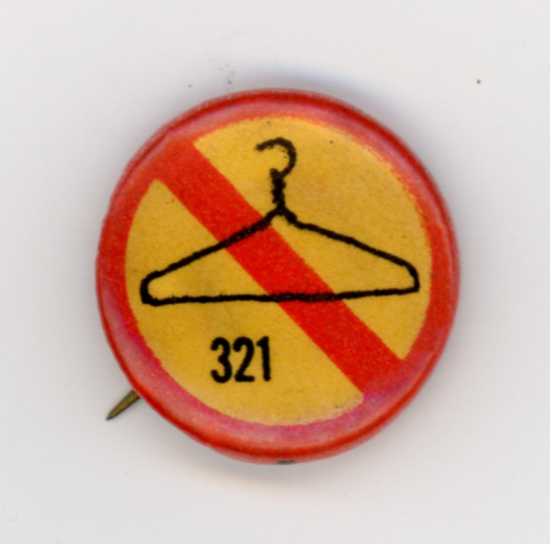Badge: Clothes hanger symbol; Union Shop; c.1971-75; GWL-2023-20-4