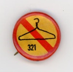 Badge: Clothes hanger symbol; Union Shop; c.1971-75; GWL-2023-20-4