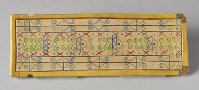 Rectangular clay plaque with colourful patterns made by Gheni York